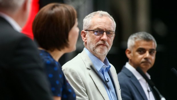 UK Labour party leader Jeremy Corbyn at a London rally to keep Britain in the EU. 