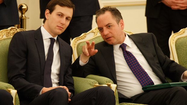 Jared Kushner talks with White House chief of staff Reince Priebus at the Royal Court Palace, in Riyadh. 