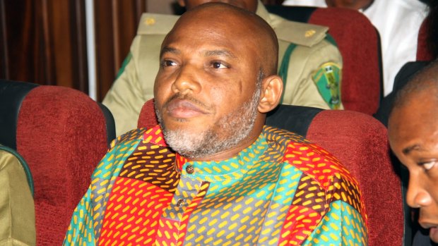 Biafran separatist leader and broadcaster Nnamdi Kanu attends a court hearing at the Federal High Court in Abuja, Nigeria. Nigerian separatists have threatened to blow a tanker up if authorities do not release him.