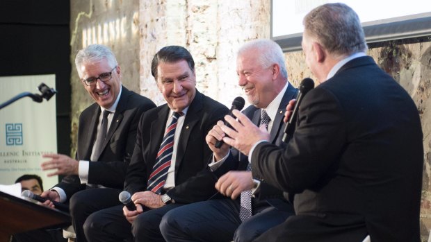 Some of rugby league's heaviest hitters gathered at a Hellenic Club function honouring the contributions of Nick Politis, George Peponis and Nick Pappas. Pictured are from left: Pappas, Politis, Peponis and Phil Gould.