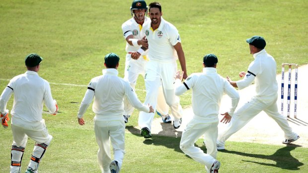 Early strike: Mitchell Johnson celebrates the early wicket of Pakistan's Ahmed Shehzad on day one.