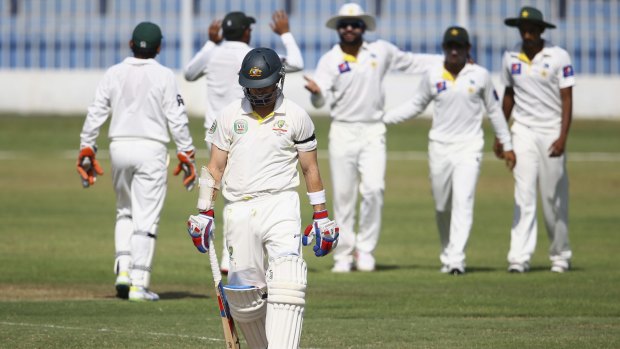 Chris Rogers of Australia leaves the field after being dismissed during day four of the tour match between Australia and Pakistan A at Sharjah Cricket Stadium in the UAE. 