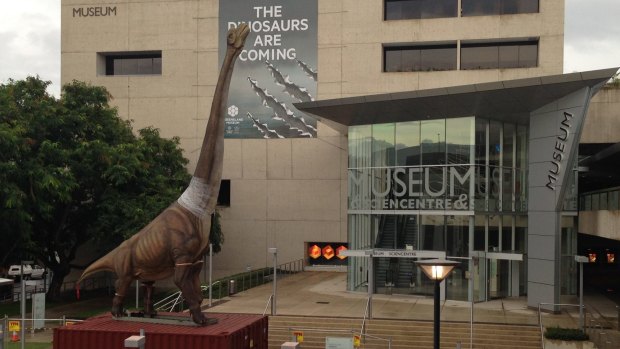 The brachiosaurus is installed outside Queensland Museum.