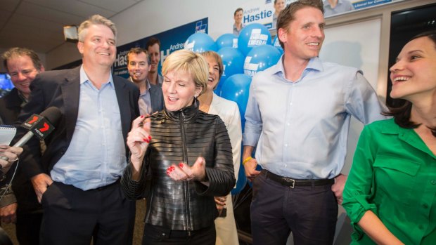 Mathias Cormann, Julie Bishop and Andrew Hastie celebrating Liberal victory in Canning.
