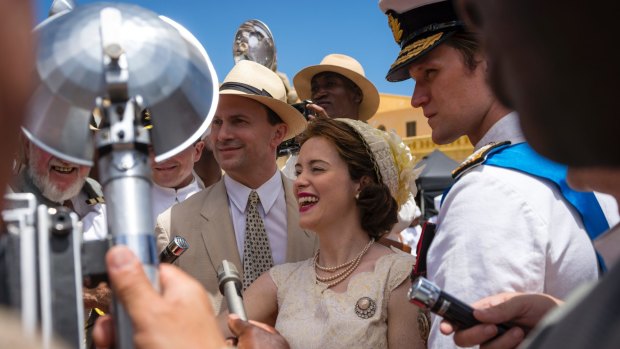 Queen Elizabeth II (Claire Foy) and Prince Philip (Matt Smith) arrive in Ghana in season two of The Crown.