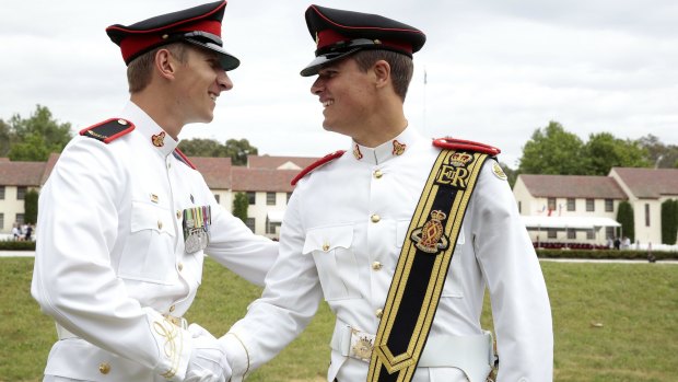  Sword of Honour recipient Ernest Hocking, left, and Queen's Medal recipient Tyler Bosch, members of the 2015 graduating class at the Royal Military College, Duntroon.