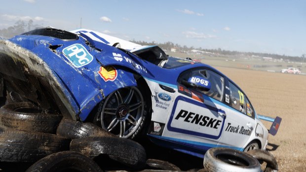 Major damage: Scott Pye's car was in disrepair after a massive crash in the Coates Hire Ipswich SuperSprint practice session.