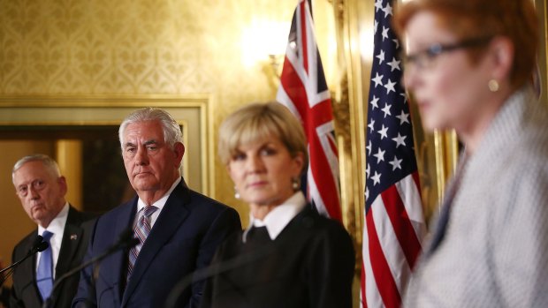 Trump cabinet members Jim Mattis and Rex Tillerson with Foreign Affairs Julie Bishop and Defence Minister Marise Payne. 