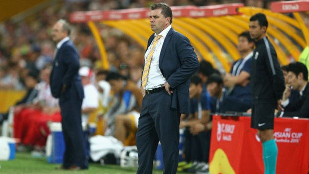 Australian coach Ange Postecoglou watches on the match against South Korea in Brisbane on Saturday.