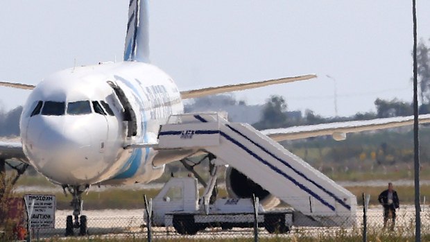 The hijacked Egyptair aircraft at Larnaca airport on Tuesday.