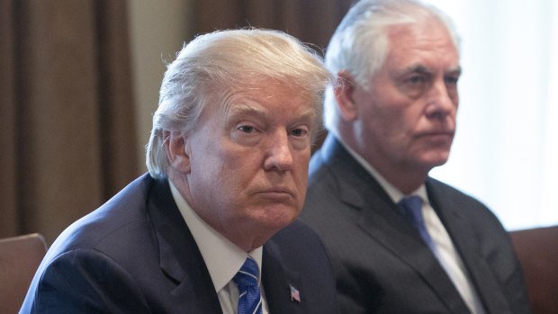 US President Donald Trump, left, and Rex Tillerson, US secretary of State, attend a cabinet meeting with Najib Razak.
