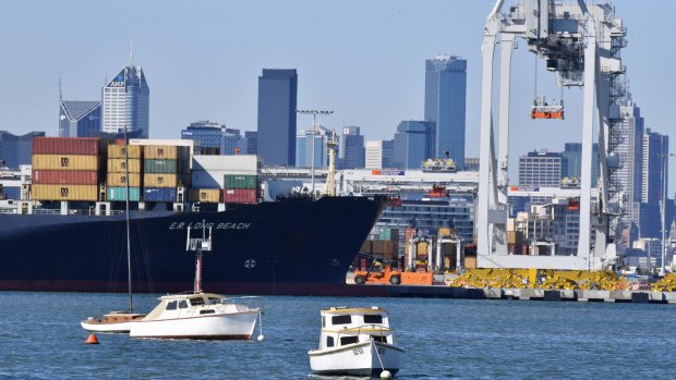 A cargo ship at the new loading dock at the Port Melbourne. 