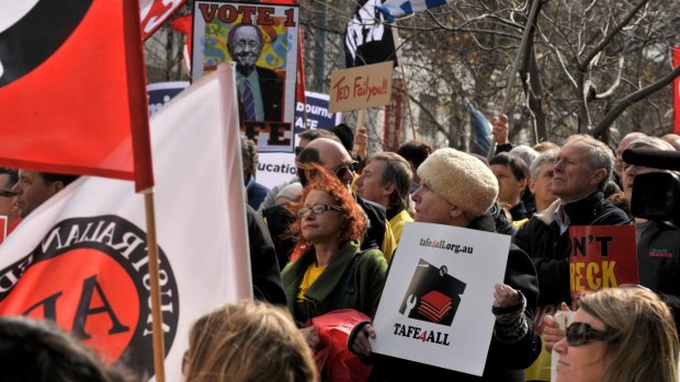 Cuts to the TAFE sector by Victoria's former Coalition government sparked protests in 2012. 