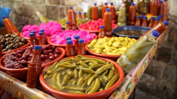 Pickled vegetables for sale on the streets of Nablus.