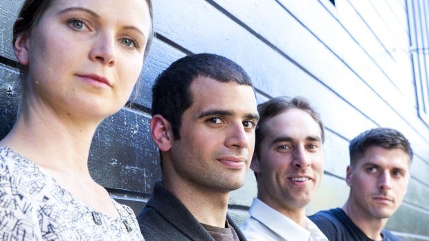 Young Australian Entrepreneurs with start-up businesses in the United States. From left, Katherine van Ekert, co-founder of VetPronto, Michael Overell, founder of RecruitLoop, Gideon Silverman, founder of Monetise, and Ozan Onay, co-founder of Vida Health.