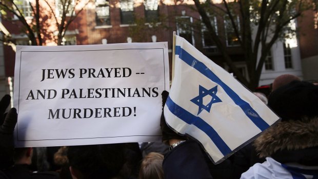 Pro-Israel protestors demonstrate in New York City following the death of four men who were reportedly killed by two armed Palestinians.
