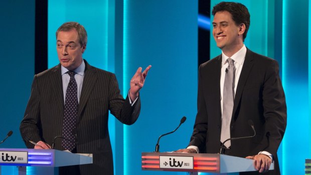 UKIP leader Nigel Farage, left, and Labour leader Ed Miliband take part in the ITV Leaders' Debate.
