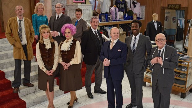 The new cast: (back) Arthur Smith as Mr Harman, Jorgie Porter as Miss Croft, Justin Edwards as Mr Rumbold and Mathew Horne as Mr Grace; (front) Niky Wardley as Miss Brahms, Sherrie Hewson as Mrs Slocombe, John Challis as Captain Peacock, Jason Watkins as Mr Humphries, Kayode Ewumi as Mr Conway and Roy Barraclough as Mr Grainger.