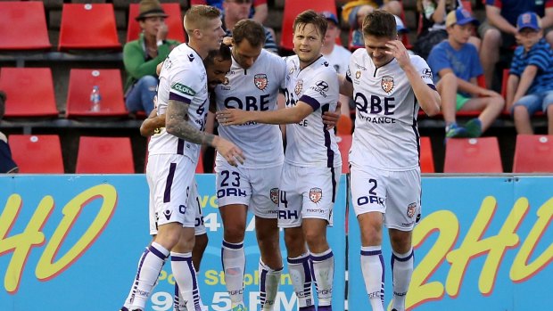  Perth Glory celebrate a goal by Krisztian Vadocz during the round 25 A-League match between the Newcastle Jets and the Perth Glory at Hunter Stadium.
