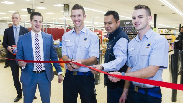 Cutting the ribbon on the new Aldi store in Casey were area manager Hayden Pierce, manager Matt Hartley, assistant manager Arpan Singh, and trainee manager Jake Bolton.