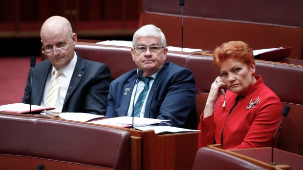 Senators David Leyonhjelm, Brian Burston and Pauline Hanson during the same-sex marriage debate in the Senate on Tuesday.