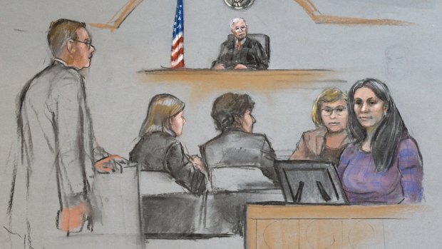In this courtroom sketch, Raisat Suleimanova, right, is depicted testifying alongside an interpreter during the penalty phase in the trial of her cousin Dzhokhar Tsarnaev, centre, in federal court in Boston.