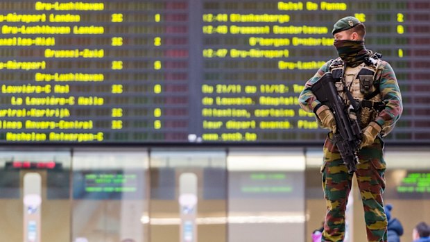 A Belgian soldier patrols the main train station in Brussels last month.