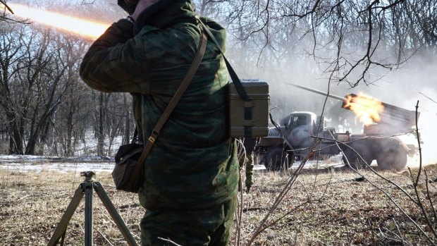 Pro-Russian rebels stationed in the eastern Ukrainian city of Gorlivka, Donetsk region, launch missiles from a Grad launch vehicle toward a position of the Ukrainian forces  in Debaltseve, about 35km east of Gorlivka, on Friday. 