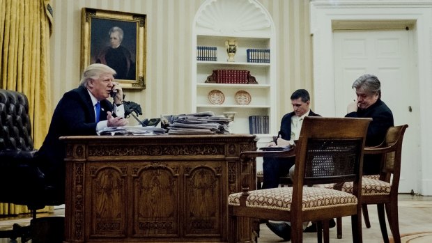 Donald Trump with then-national security adviser Michael Flynn and chief strategist Steve Bannon during a phone call with Australian Prime Minister Malcolm Turnbull in January.