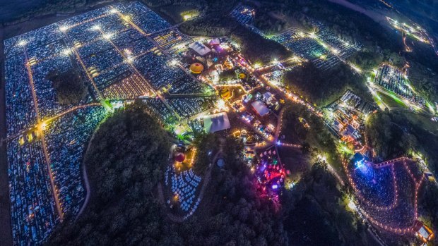 An aerial view of the North Byron Parklands, which hosts two of the largest music festivals in Australia.
