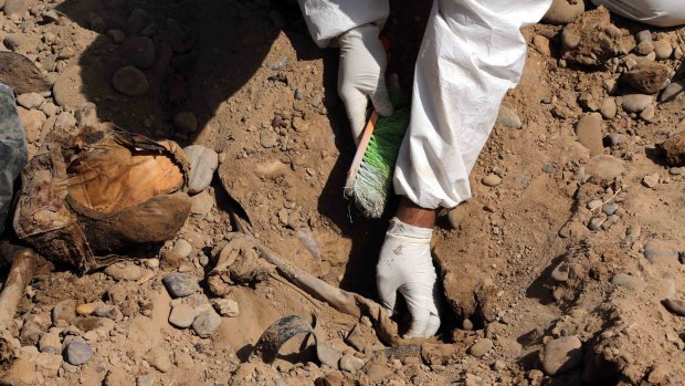 An Iraqi forensic worker excavates human remains in a mass grave, believed to contain the bodies of Iraqi soldiers killed by Islamic State militants when they overran Camp Speicher military base last June, in Tikrit.