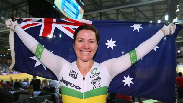 Anna Meares celebrates after winning gold in the Women's Keirin Final during Day Five of the UCI Track Cycling World Championships.
