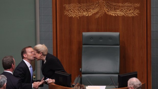 Tony Abbott congratulating Bronwyn Bishop the day she became Speaker in 2013.