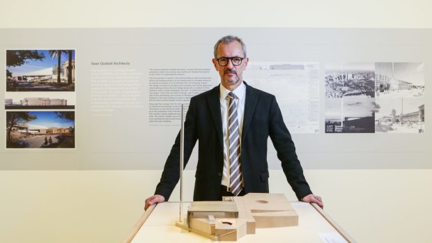 AGNSW director Michael Brand pictured in 2015 with designs for the controversial Sydney Modern project, which David Levine says is a "money-making pleasure dome".