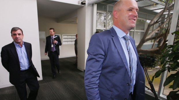 Mark Kavanagh, left, and Danny O'Brien at a Racing Victoria hearing in July.