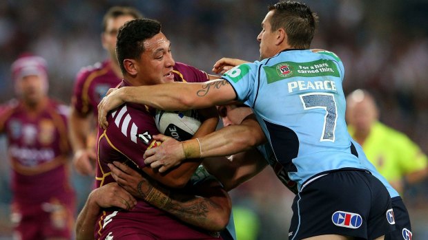 Recall: Josh Papalii in action against for Queensland in his debut State of Origin series in 2013.
