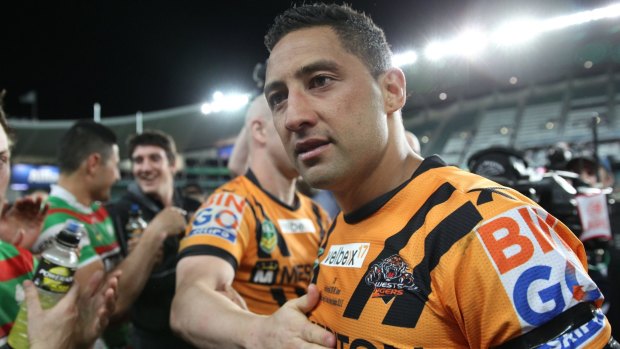 Back in black and gold? Benji Marshall after playing his 200th game for the Wests Tigers in 2013.