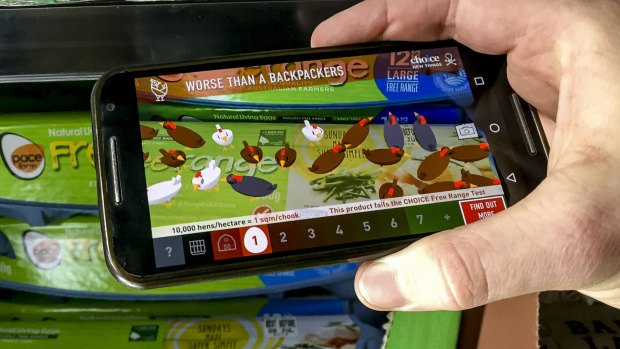Choice's Cluck AR app in action at a Woolworths store.