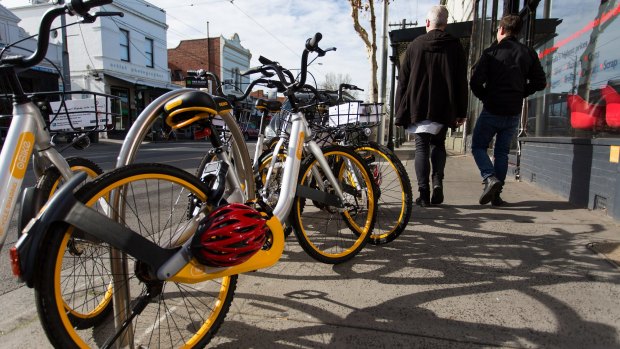 oBikes seen on Swan Street in Richmond, which is now home to "hundreds" of the distinctive bikes, according to locals.