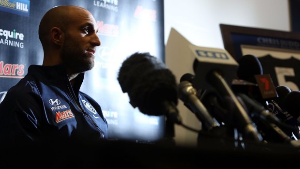 Chris Judd speaks to the media, announcing his retirement on Tuesday.