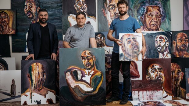Artist Ben Quilty (right) with Campbelltown Arts Centre director Michael Dagostino (left) and Sydney Festival director Wesley Enoch.
