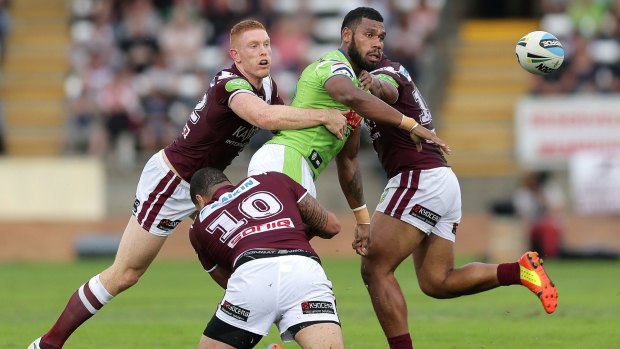 Former Storm winger Sisa Waqa (centre), seen here in action against the Sea Eagles, will face his old club for the first time on Sunday.