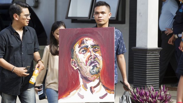 A self portrait by Myuran Sukumaran is taken to Wijaya Pura in Cilacap. Sukumaran spent most of his last night painting.