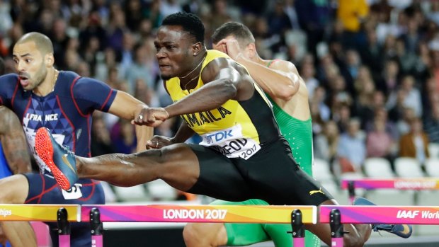 Jamaica's Omar McLeod on the way to victory in the men's 110-metre hurdles final.