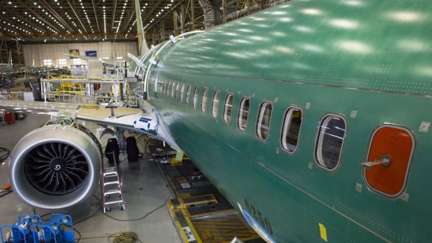 A Boeing 737 MAX 9 on the production floor at the company's manufacturing facility in Renton in the US.