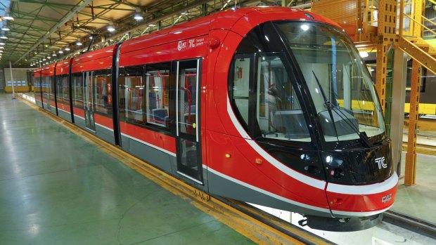 ACT Chief Minister Andrew Barr inspects Canberra's new trams on the production line in Spain.