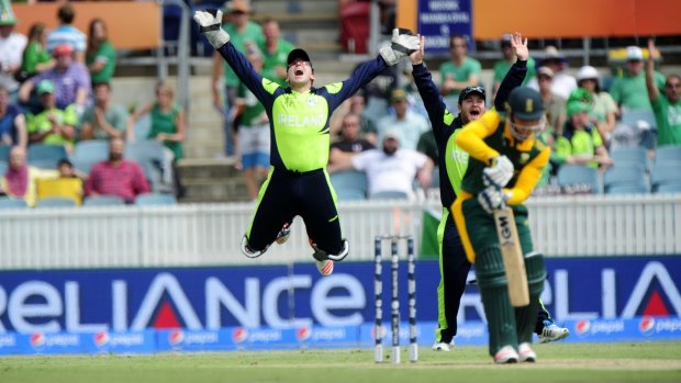 Ireland wicket keeper, Gary Wilson celebrates Ireland's first wicket against South Africa at Manuka Oval.