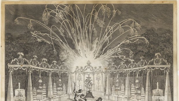 An engraving by Cochin of fireworks staged at the Palace of Versailles in the 18th century.