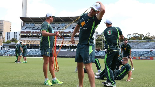 Enough rope: Mitchell Marsh (foreground) warms up during a training session at the WACA Ground leading into this weekend’s one-day internationals. 