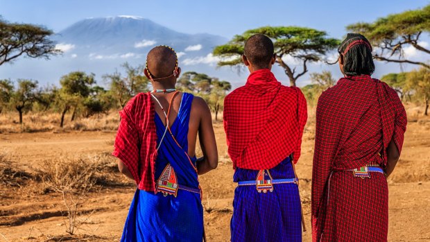 African warriors from Maasai tribe, Mount Kilimanjaro. 